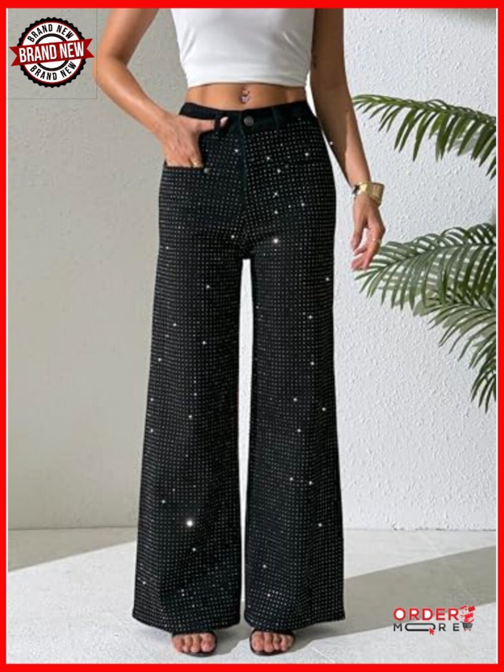 High Waist Wide Leg Rhinestone Jeans Stretch Denim Pants Sparkle Sequin - Picture 4 of 7
